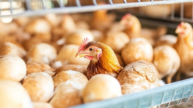 Curious chicken peeking through a cage in a busy poultry farm showcasing vibrant natural colors and textures : Generative AI