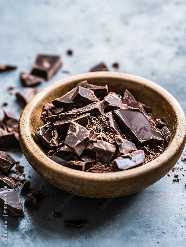 Poster a rustic wooden bowl filled with assorted chocolate chunks and bits for culinary inspiration : gener