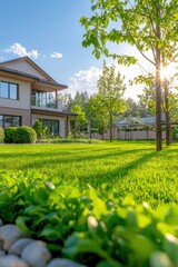 Peaceful and Inviting Suburban Home with Lush Green Landscape Manicured Yard and Sunny Blue Sky in a Cozy Residential Neighborhood