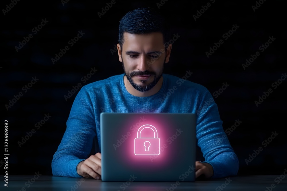 Poster data protection concept businessman working on laptop with padlock icon networking systems and futur