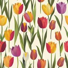 Fototapeta premium Seamless pattern with colorful tulips on pastel background. 
