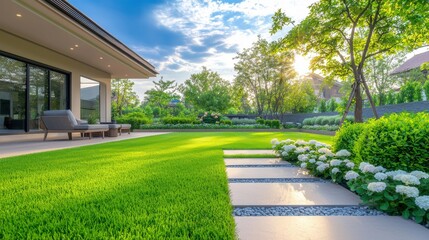 Naklejka premium Lush green residential backyard with well manicured landscape colorful flower beds stone pathway and a cozy patio area showcasing a peaceful and inviting outdoor living space