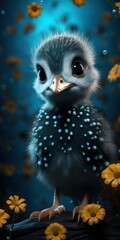 A charming, whimsical baby bird with large eyes, surrounded by vibrant yellow flowers in a magical, dreamy atmosphere.
