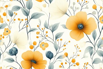 Seamless  watercolor floral pattern with vintage wildflowers and leaves on white background
