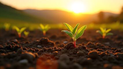 Young Green Sprouts Growing in Sunlit Soil