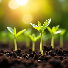 Young Green Sprouts Growing in Sunlit Soil
