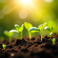 Young Green Sprouts Growing in Sunlit Soil