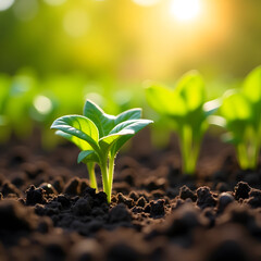Young Green Sprouts Growing in Sunlit Soil