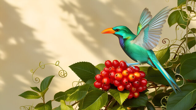 A strikingly colorful bird gracefully perched on a cluster of vibrant red berries, surrounded by lush green foliage, illuminated by the warm daylight.