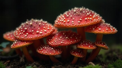Obraz premium Magical vibrant red mushrooms growing in forest floor
