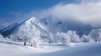 Majestic snowcovered mountains under a clear blue sky with frosty trees in winter landscape : Generative AI