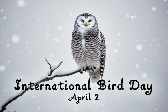 A snowy owl perched on a winter tree branch, surrounded by falling snowflakes and a soft gray sky. Below, the lettering "International Bird Day, April 2" is elegantly displayed - Powered by Adobe