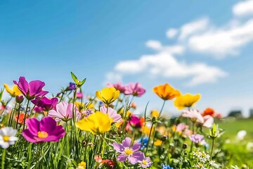Fototapeta premium Expansive field of colorful wildflowers stretching beyond the horizon beneath a bright sky