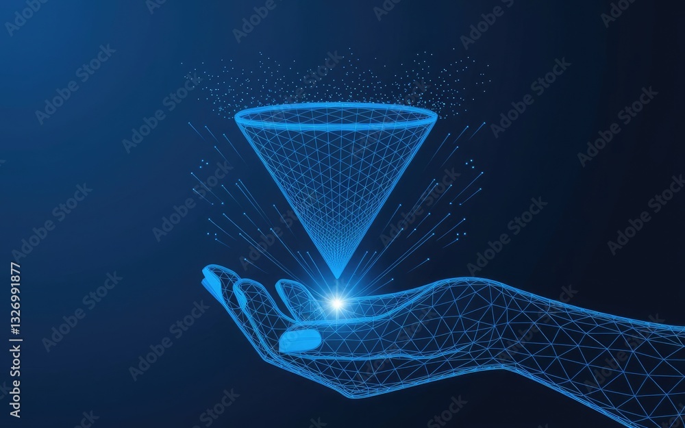 Poster abstract digital hand holding a hologram of funnel. big data concept. technology data filter. light 