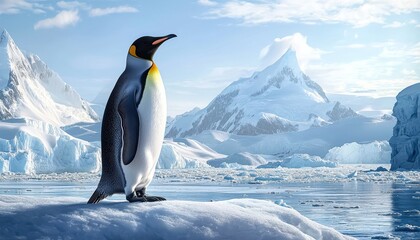 Fototapeta premium Emperor penguin standing on ice floe in antarctica with snowy mountains