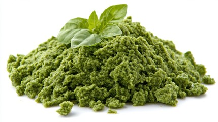 Vibrant green pesto sauce with fresh basil leaves on top against a bright white background for culinary delight