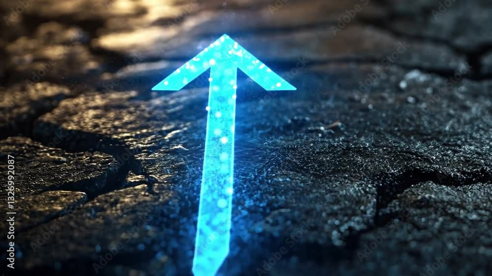 Poster glowing blue arrow pointing upward on cracked surface symbol of progress and direction with striking