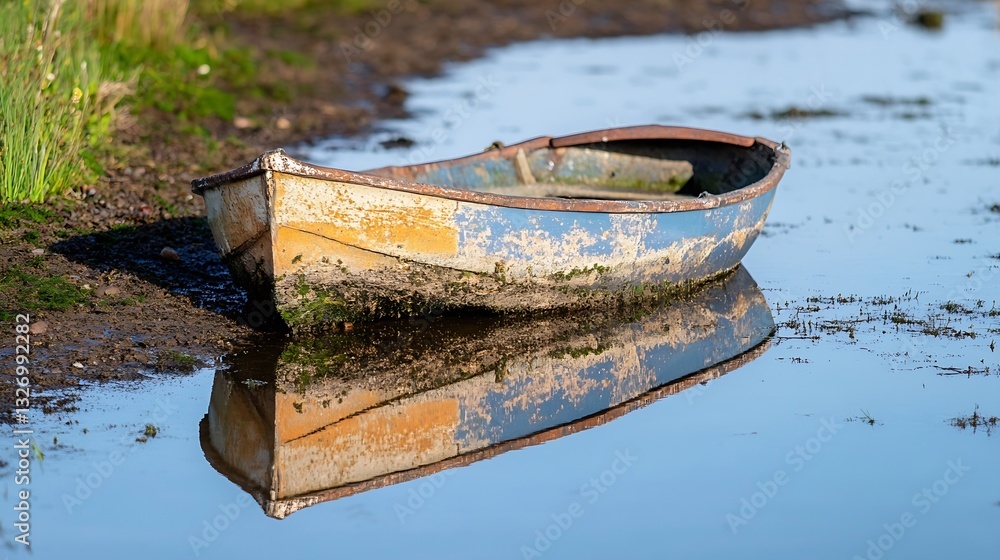 Poster Old Abandoned Fishing Boat with Rust and Reflection in Calm Water : Generative AI