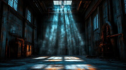 Fototapeta premium Abandoned factory interior, sunlight beams, grunge