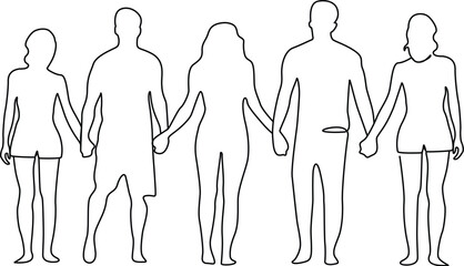 5 people men and women standing and holding hands continuous line drawing. 
