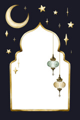 Islamic golden frame with lanterns, crescent moon and stars on dark blue background. Watercolor illustration Ramadan