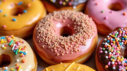 Cheerful colorful donuts display on white surface