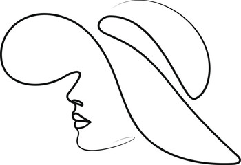 Woman face portrait with hat continuous line art drawing. 