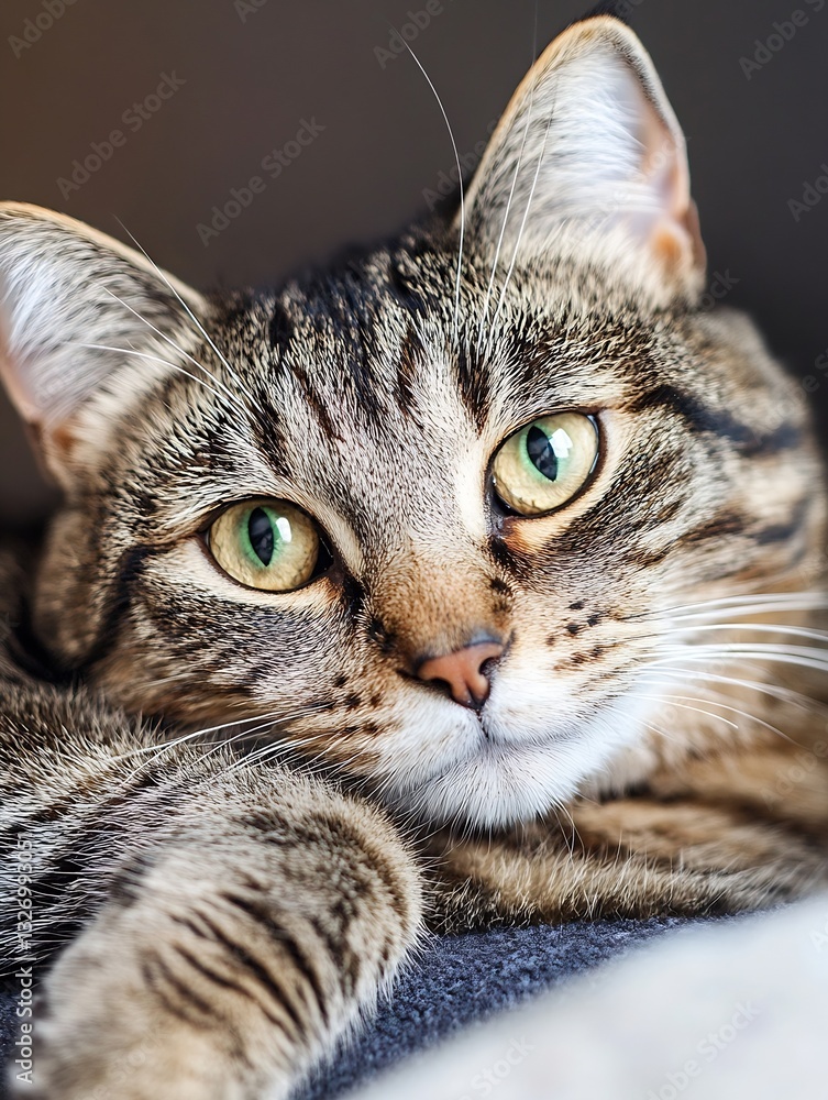 Poster charming tabby cat with striking green eyes relaxing comfortably on a soft surface at home : generat