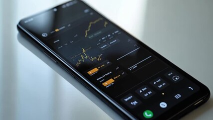 A person is analyzing stock market data on a smartphone's financial app while seated at a desk in an office. The screen displays various charts and market indicators in real time - Powered by Adobe