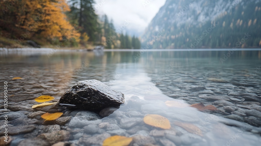 Poster tranquil lake scene in autumn with clear water reflecting colorful fallen leaves and mountains : gen