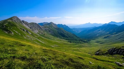 Fototapeta premium Breathtaking panoramic view of a lush valley surrounded by majestic mountains : Generative AI