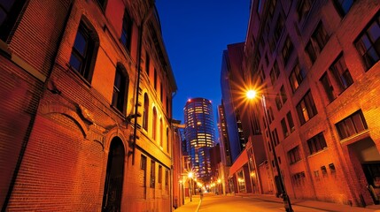 Fototapeta premium Vibrant urban street at dusk showcasing historical architecture and modern skyline