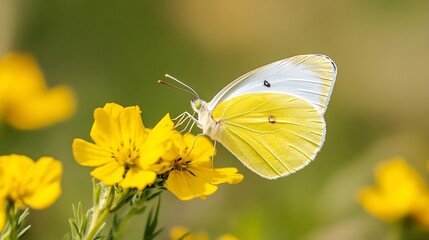 Fototapeta premium A delicate yellow butterfly resting on vibrant flowers capturing the essence of nature's beauty and tranquility in spring : Generative AI