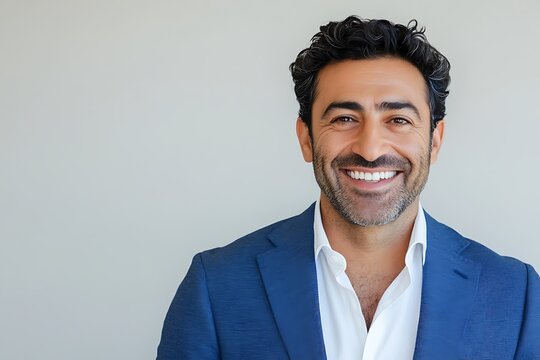 photo of glad midlife middle eastern man in blue blazer and white shirt on white canvas  
