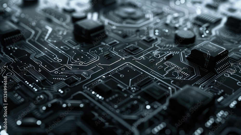 Fototapete Abstract picture of chip on complex circuit with digital technology style design and the electric light graphic show dynamic movement represent about processor algorithm process on computer. AIG53.