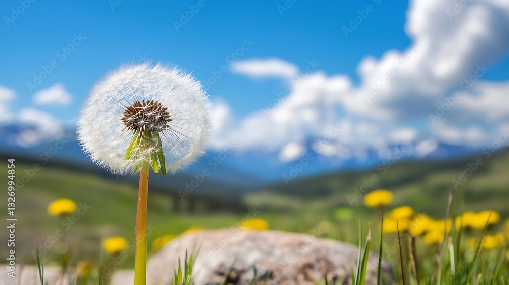 Poster beautiful close up of a dandelion seed head with blurred landscape in the background under a bright 