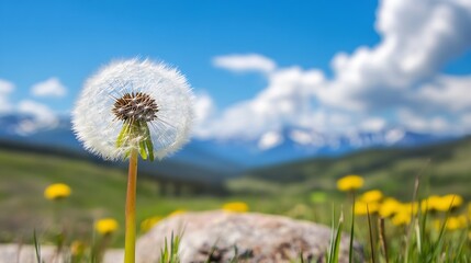Beautiful close up of a dandelion seed head with blurred landscape in the background under a bright blue sky : Generative AI