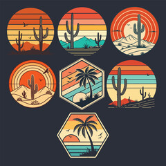 Retro desert and beach scenes with cacti, palm trees, mountains, and sunsets in vibrant vintage colors. Vector illustration