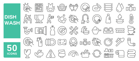 Set of 50 line icons related to dish wash, clean dishes, hygiene, plate, sponge, dishware, tap, foam, household, detergent, dishwasher, Editable stroke. Vector illustration