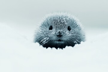 Obraz premium Adorable small winter mole peeking from fresh snow with tiny face covered in frost