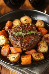 Delicious roast beef tenderloin with roasted potatoes and carrots in a dark sauce on a black plate placed on a wooden table top view