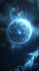 Obraz premium Glowing Blue Planet Surrounded by Cosmic Nebula and Stars