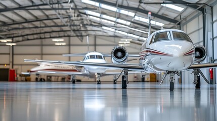Sleek business jets parked in modern hangar space ready for luxury travel : Generative AI