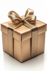 Obraz premium Elegant golden gift box with shimmering ribbon bow on white background capturing festive mood and celebration
