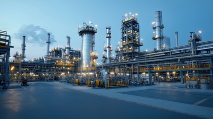 Fototapeta premium Expansive industrial refinery complex with an intricate network of pipes tanks and chimneys illuminated at dusk