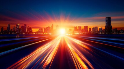 Vibrant sunset over a city skyline with light trails from moving vehicles in the foreground
