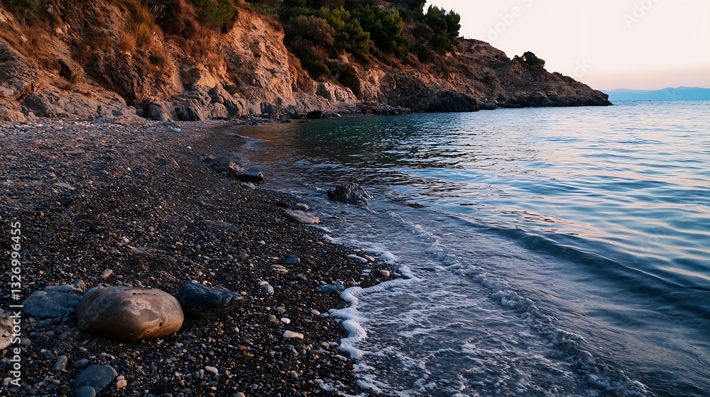 Poster Tranquil Waterfront at Dusk with Smooth Waves Lapping Against a Rocky Shoreline : Generative AI