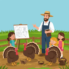 Farmer Explaining Turkey Anatomy to Children Using Drawing Board