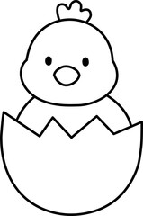 Obraz premium Easter chick hatching from its shell coloring page isolated. Cute little chick sitting in the eggshell outline flat vector illustration. Good for greeting card,craft and DIY. Transparent background.