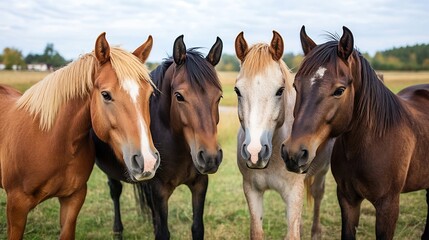 Obraz premium Four beautiful horses standing close together in a lush green pasture under a cloudy sky : Generative AI